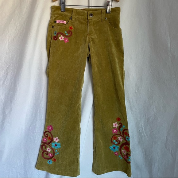 Lipstikgirls Corduroy Lime Green floral Embroidered Pants size 8 - Picture 1 of 10
